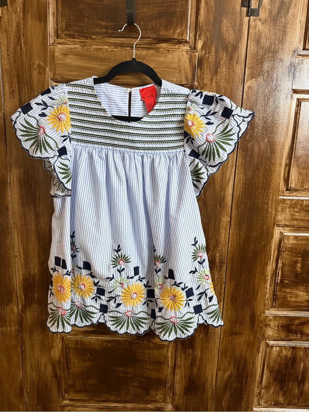 Women’s Embroidered Floral Flutter Sleeve Dress - Blue/Yellow